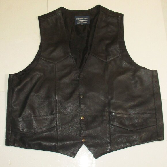 Screaming Eagle Leather Vest Men's Black Lined Pockets Size 4XL - Picture 1 of 5
